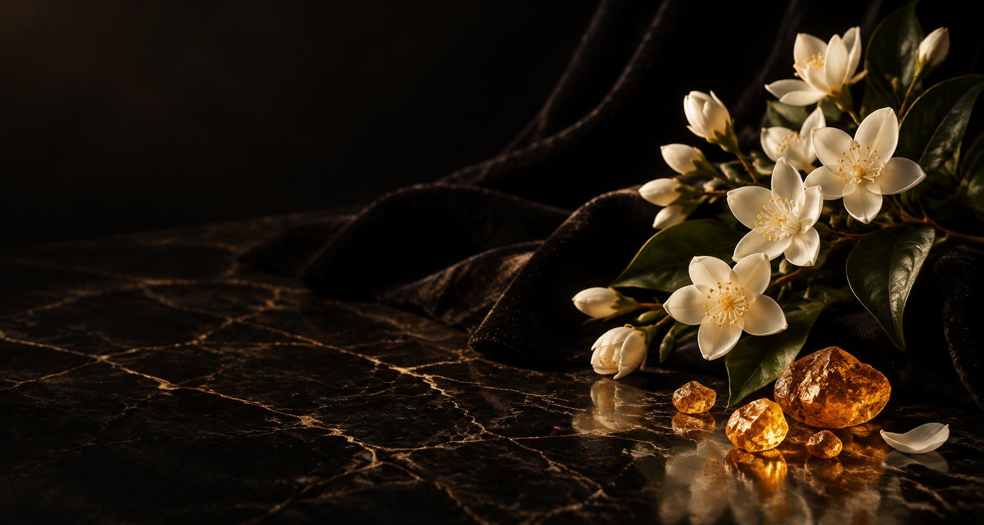 Jasmin, résine ambrée et textures de parfumerie